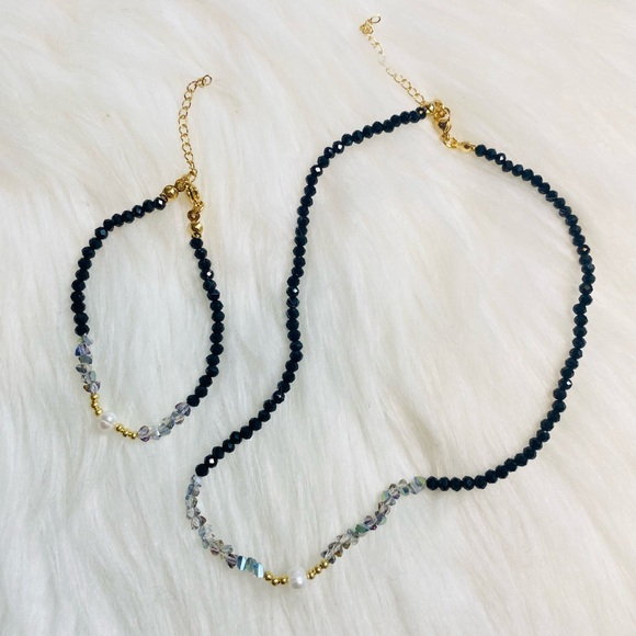 Beaded Crystal Pearl Necklace Chain Choker black White And Bracelet New Gift - Picture 1 of 3